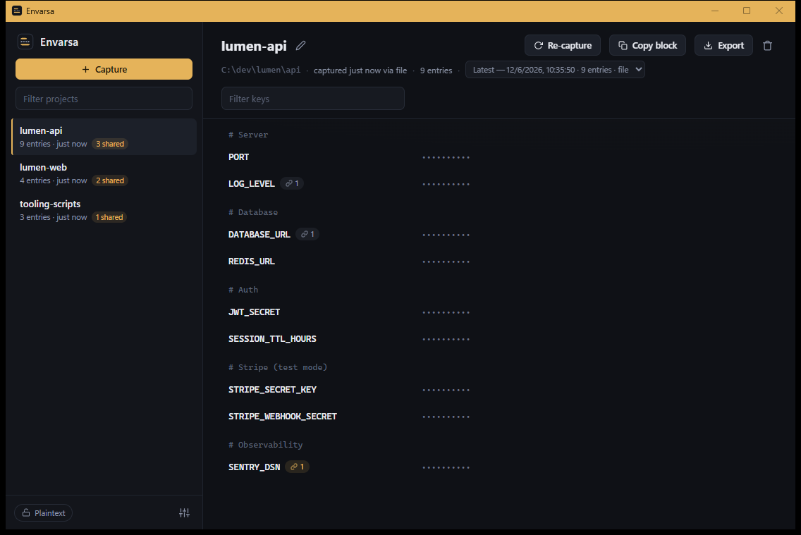 Envarsa main window: a project list on the left with reuse badges, the lumen-api project open showing nine environment keys grouped under comments, every value masked as a row of dots.