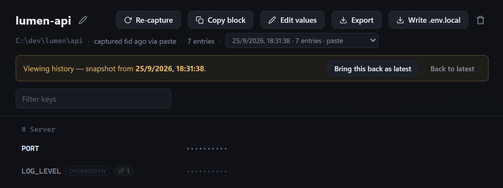 The lumen-api project showing an older snapshot, with a banner reading 'Viewing history' and buttons to bring it back as latest or return to the latest.
