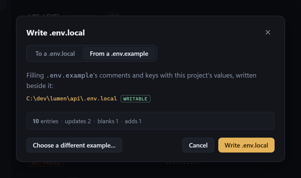 The Write .env.local dialog on its 'From a .env.example' tab, previewing which keys will be filled in and which will be left blank.