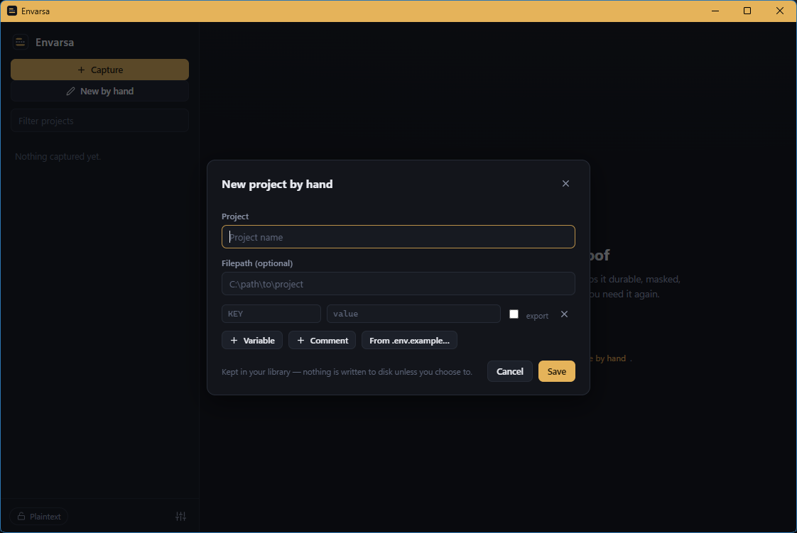 New project by hand dialog: name the project, optionally record a file path, then add KEY=value rows — each with an export toggle — plus buttons to add a variable, add a comment, or seed from a .env.example.