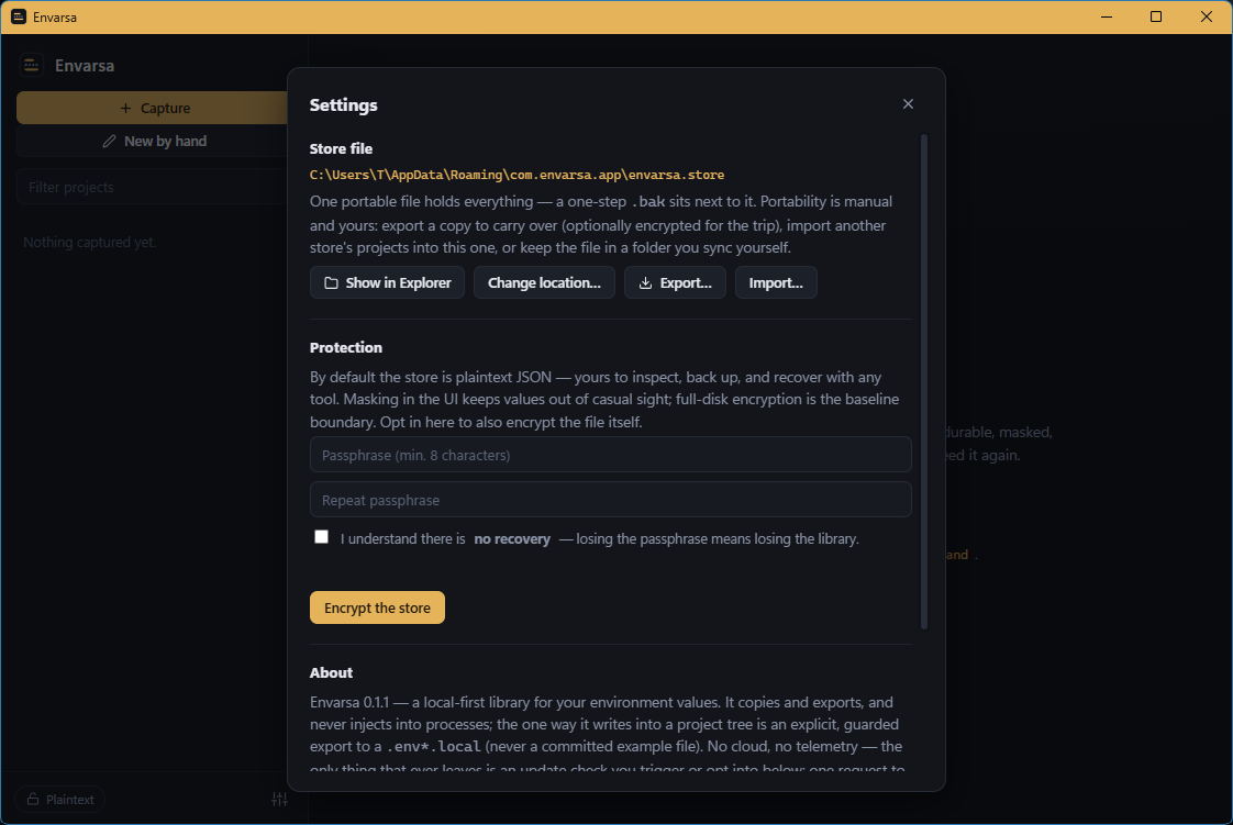 Settings dialog: the store file path with Show in Explorer, Change location, Export and Import buttons, and a Protection section for opt-in passphrase encryption with an explicit no-recovery checkbox.